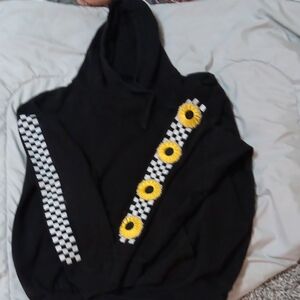 Black Hoodie with Sunflower and Checkered Design